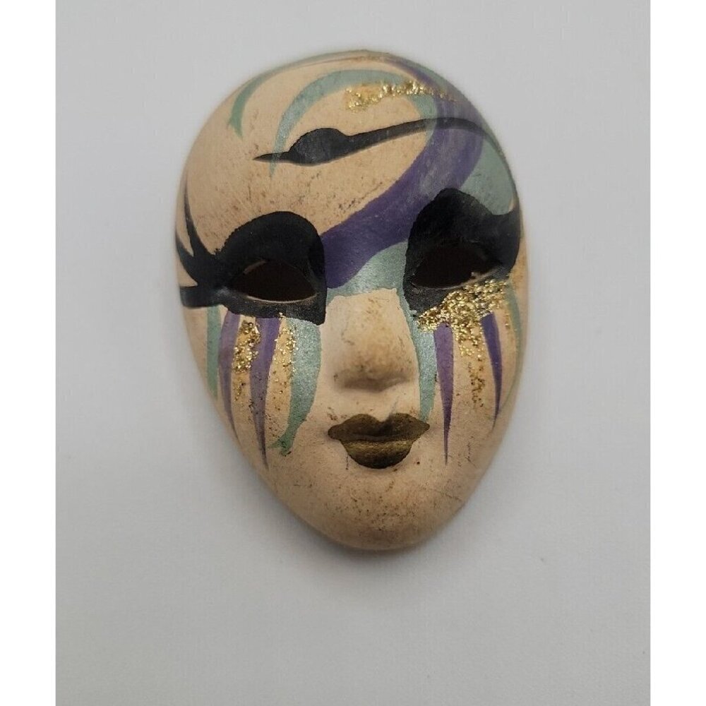 Vintage Volto Mask Brooch Pin Hand Painted Masquerade Mask Glitter Purple Eyes